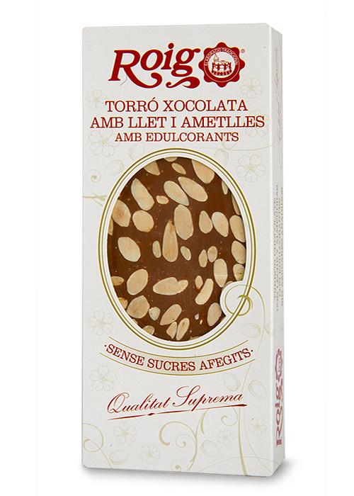 Torró de xocolata amb llet i ametlles (xocolata amb llet 60%)(ametlles 40%) amb edulcorants. Qualitat Suprema. Pes net 300g